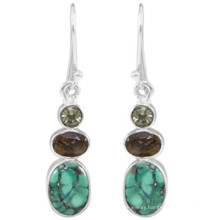 Green Amethyst Tibetan Turquoise Smoky Quartz Gemstone & 925 Sterling Silver Earrings